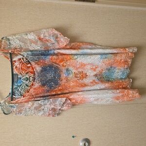 Essentials Vibrant Red and Green Patterned Top